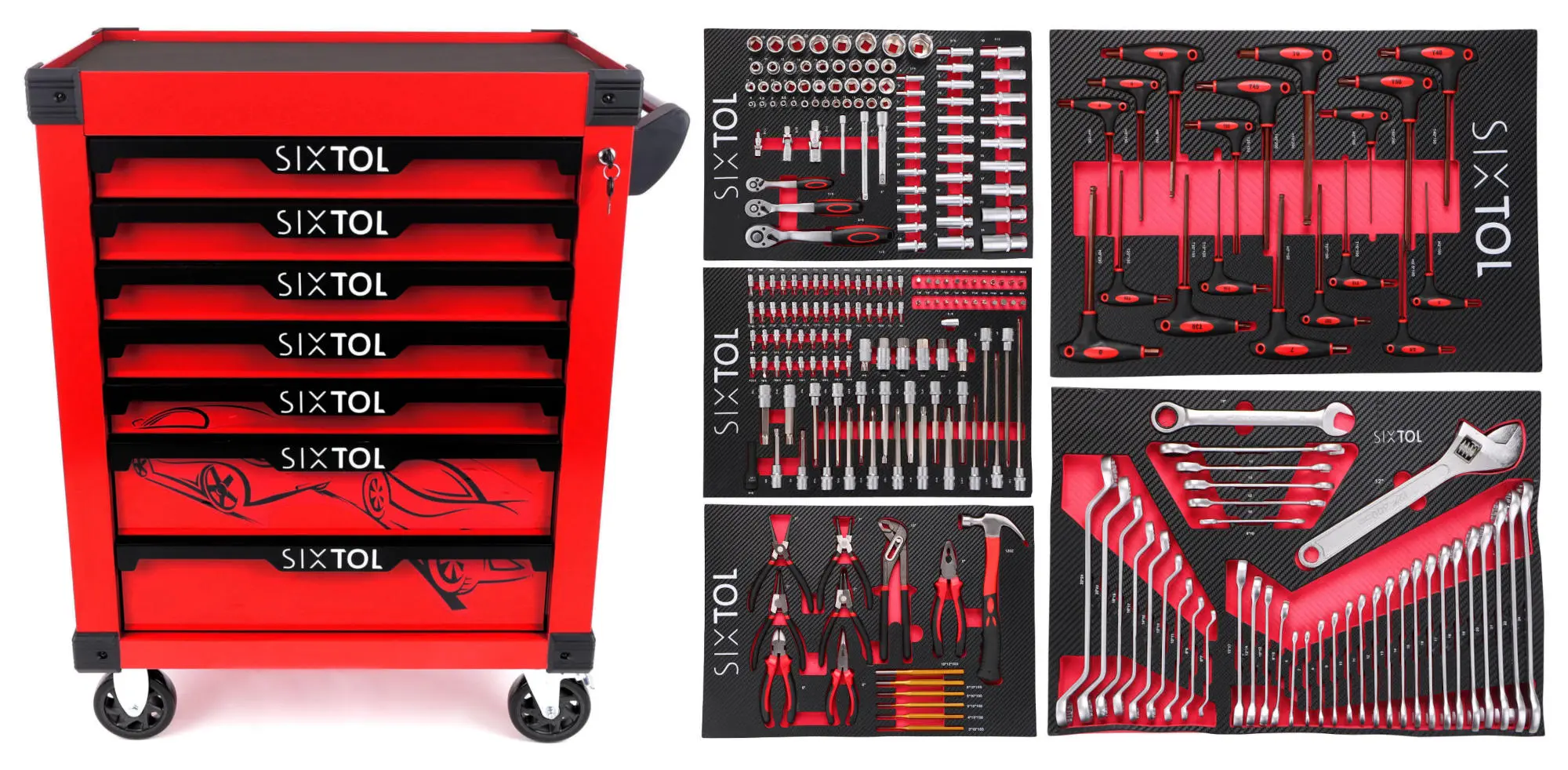 Sixtol Dílenský vozík na nářadí MECHANIC TROLLEY KEVIN RED 253, 7 šuplíků, 253 ks nářadí