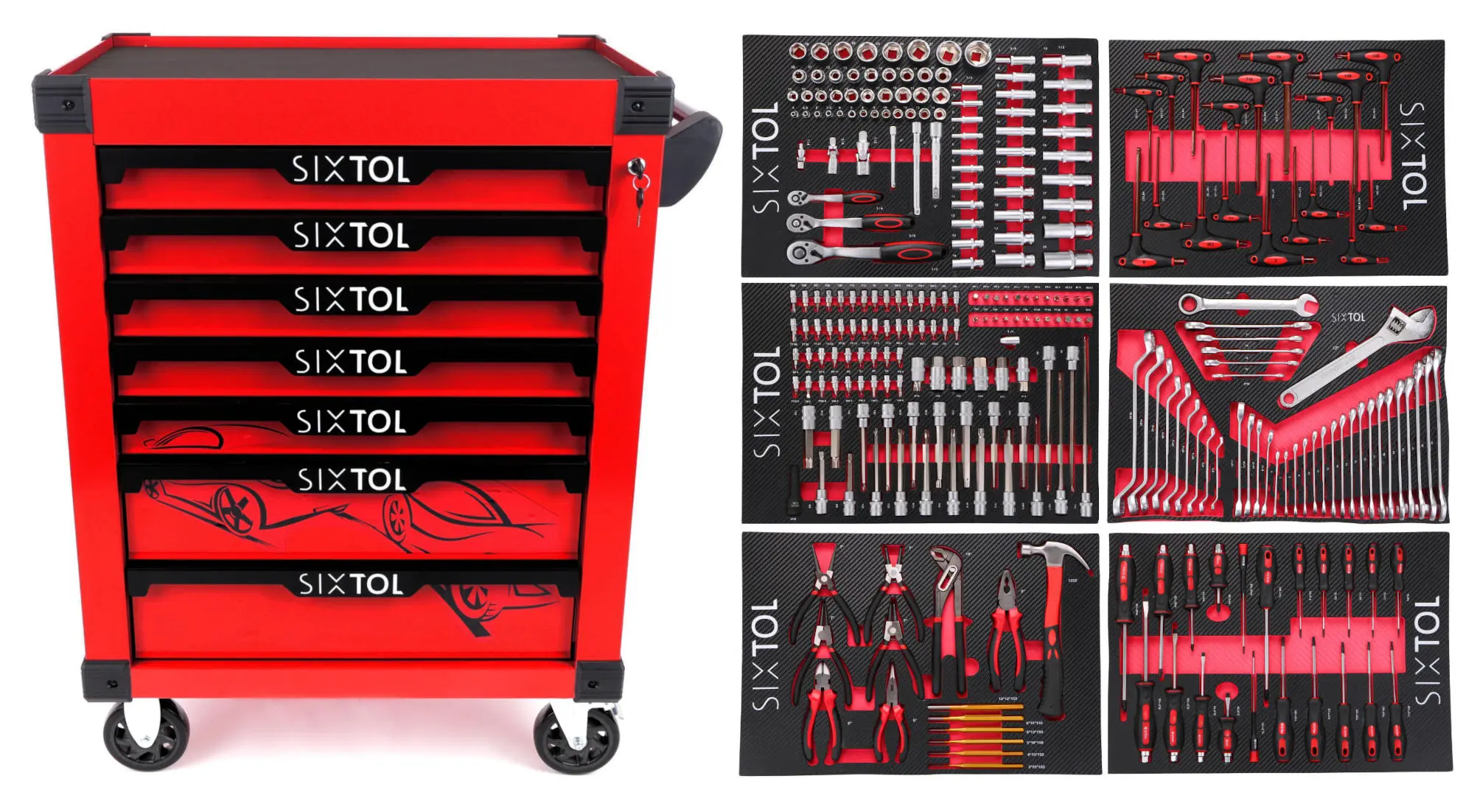 Sixtol Dílenský vozík na nářadí MECHANIC TROLLEY KEVIN RED 274, 7 šuplíků, 274 ks nářadí
