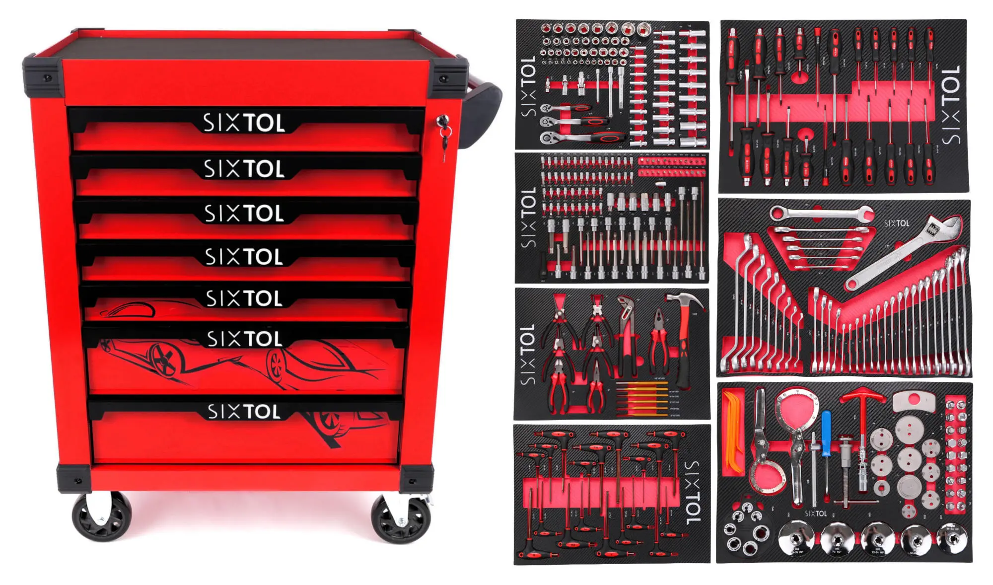 Sixtol Dílenský vozík na nářadí MECHANIC TROLLEY KEVIN RED 326, 7 šuplíků, 326 ks nářadí
