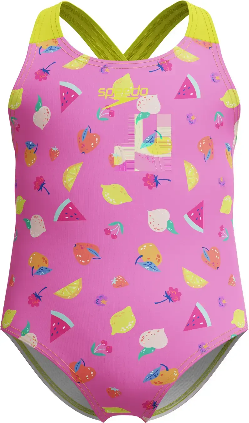 Dívčí plavky Speedo Infant Girls Printed Crossback Swimsuit - neon flamingo 120