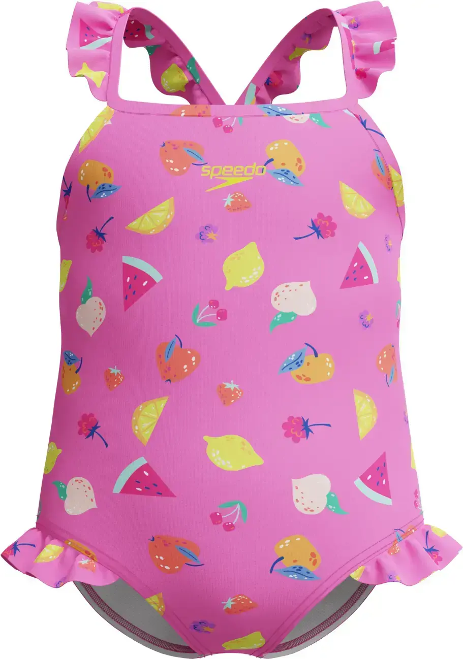 Dívčí plavky Speedo Infant Girls Printed Frill Thinstrap Swimsuit - neon flamingo 110