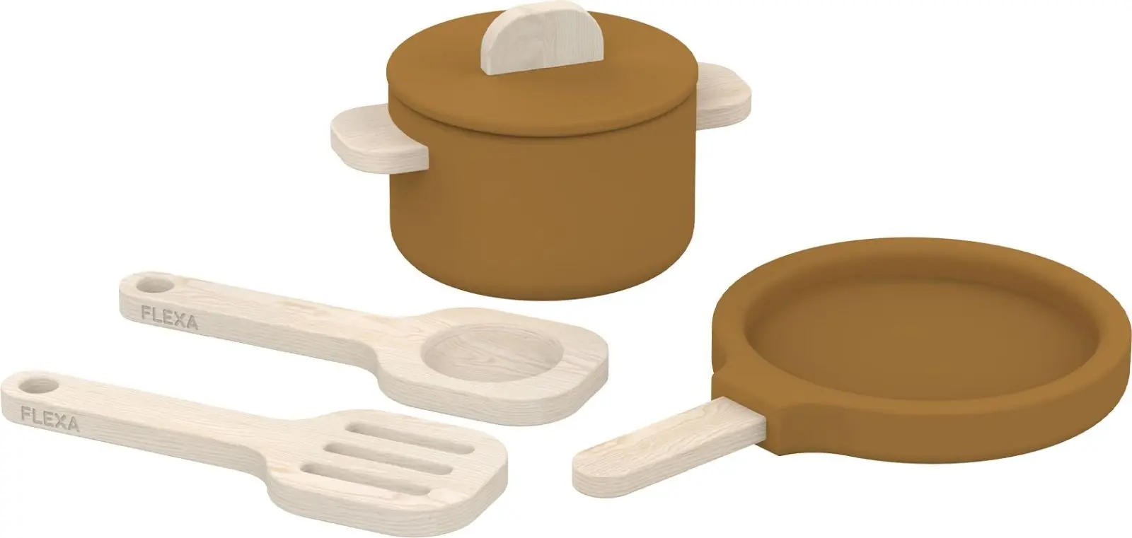 Dětská dřevěná hračka Flexa Play - set nádobí na vaření horčicový uni
