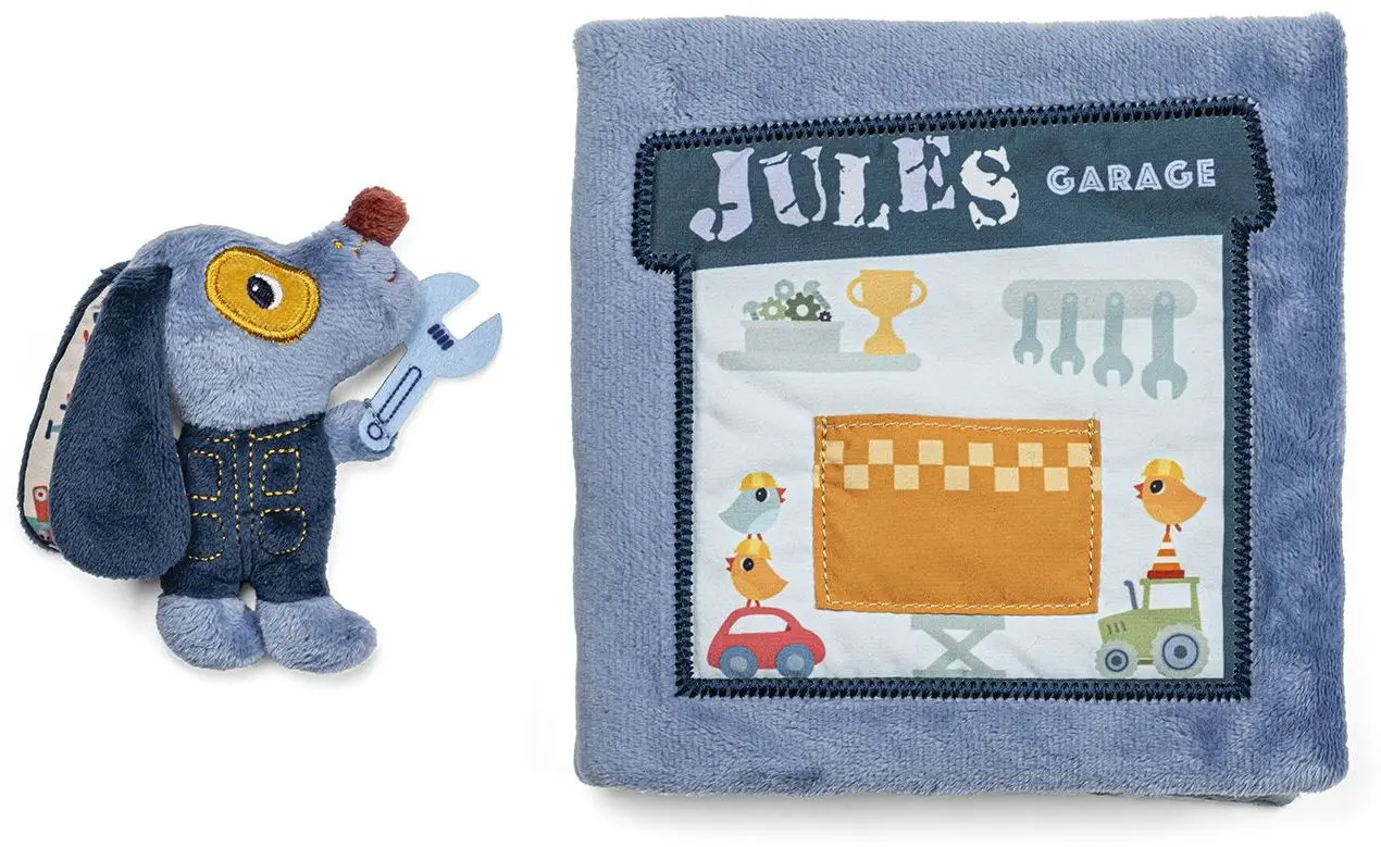 Textilní knížka Lilliputiens - pejsek Jules v garáži