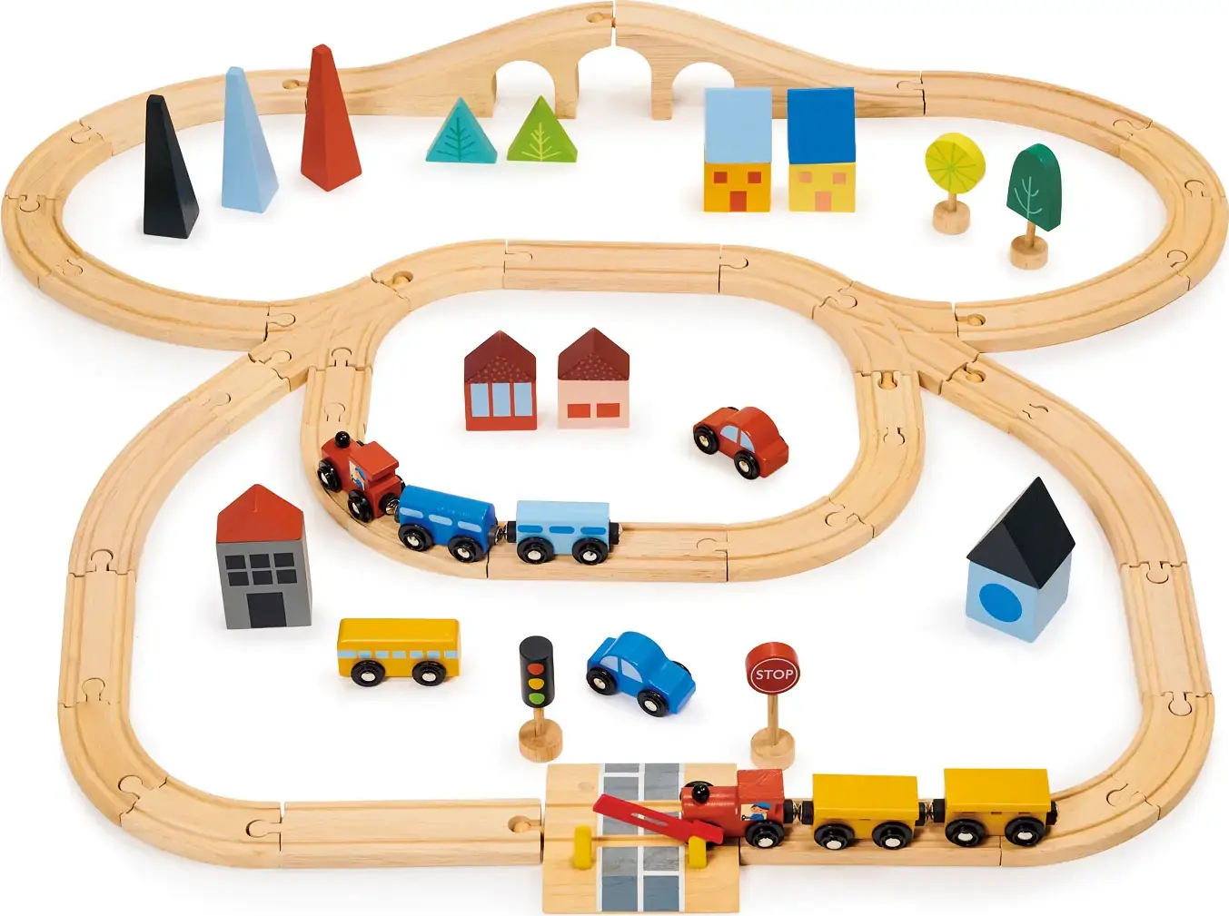 Dřevěná vláčkodráha s městečkem Mentari Town Train Set uni