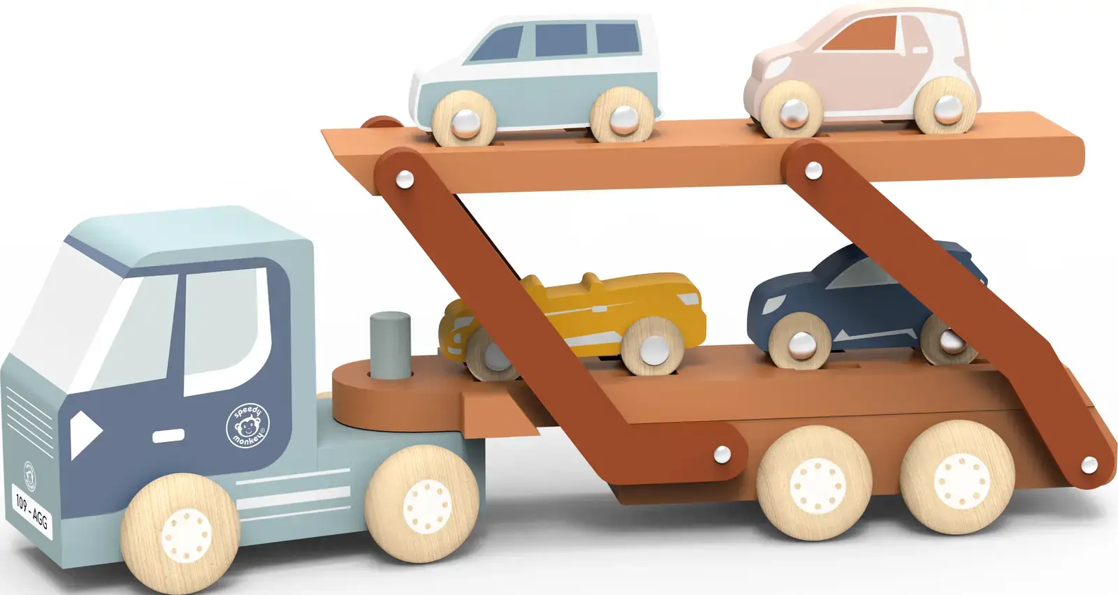 Dřevěný autotransportér Speedy Monkey Car Carrier Truck - Se 4 autíčky uni
