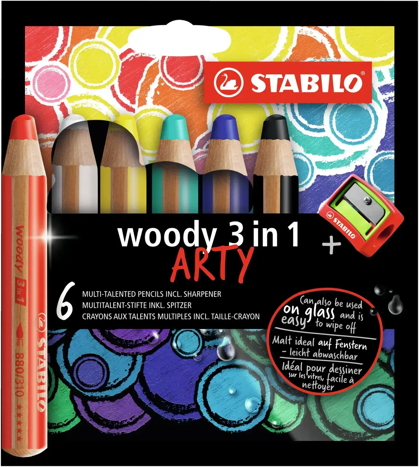 STABILO woody 3 in 1 Multifunkční pastelka ARTY - sada 6 barev s ořezávátkem