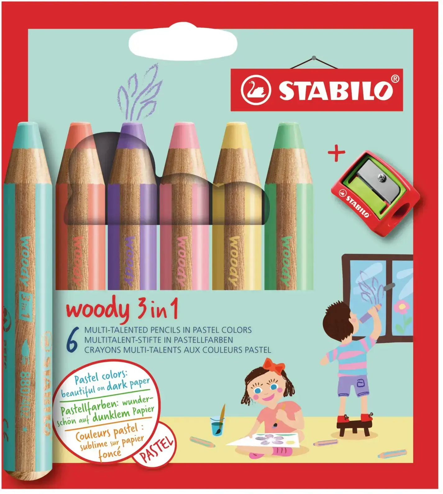 Farbička, vodovka a voskovka - STABILO woody 3 v 1 - 6 ks balenie so strúhadlom