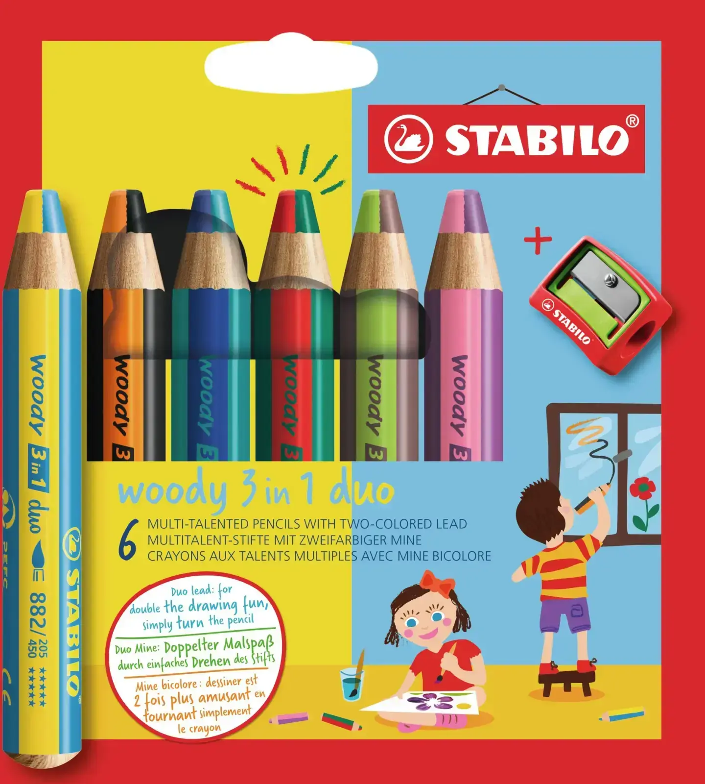 STABILO woody 3 in 1 duo Multifunkční pastelka - sada 6 barev s ořezávátkem