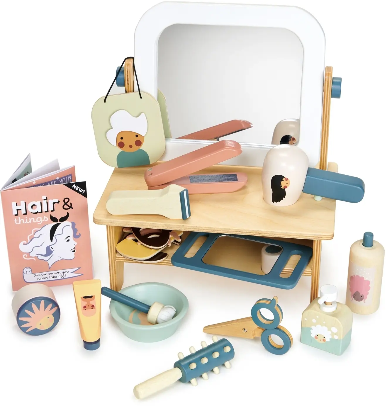 Dřevěný kadeřnický salon pro panenku Hair Salon Tender Leaf Toys s otočným zrcadlem a 18 doplňky