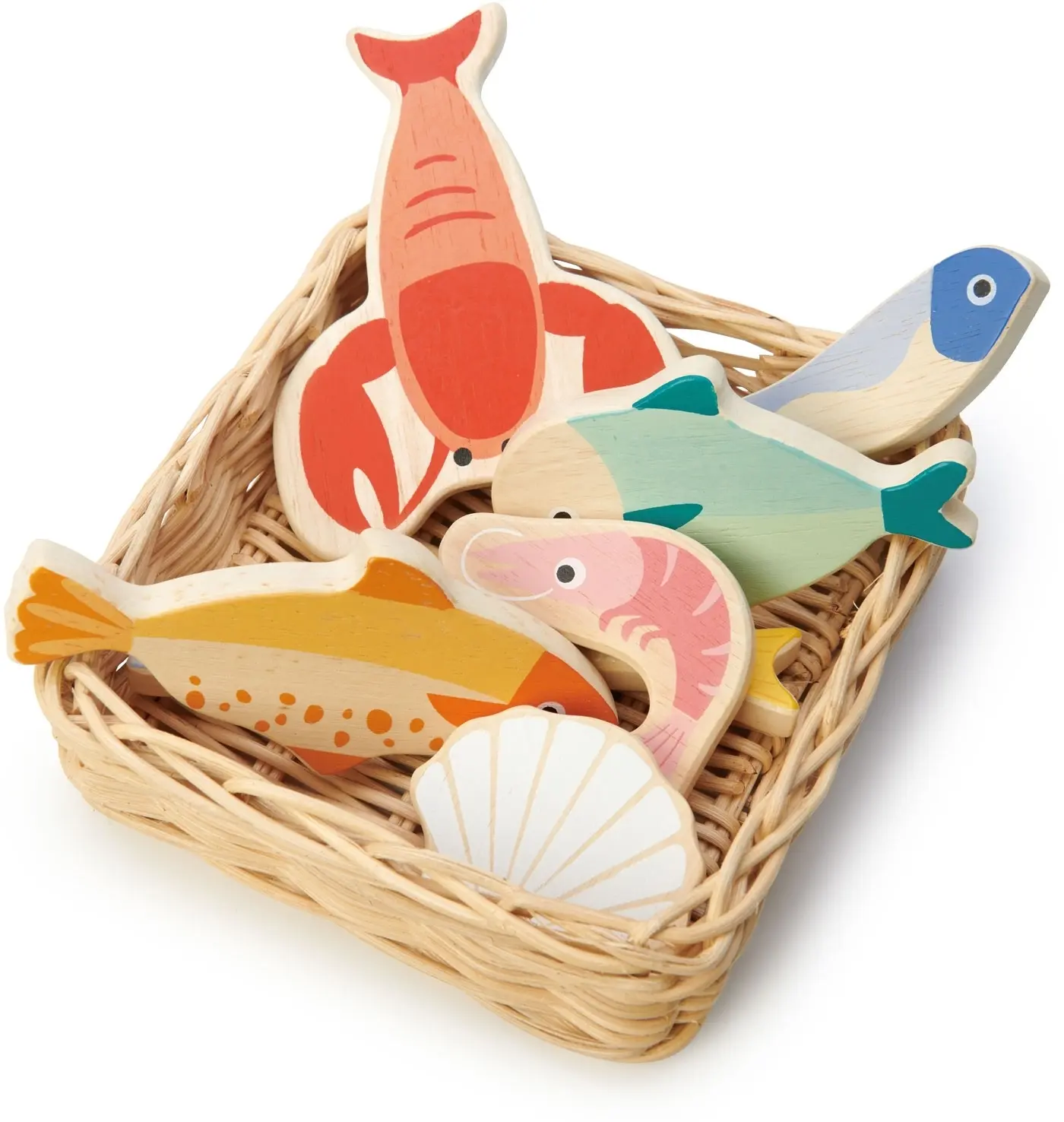 Dřevěný košík s mořskými plody Seafood Basket Tender Leaf Toys s rybami a mušlemi
