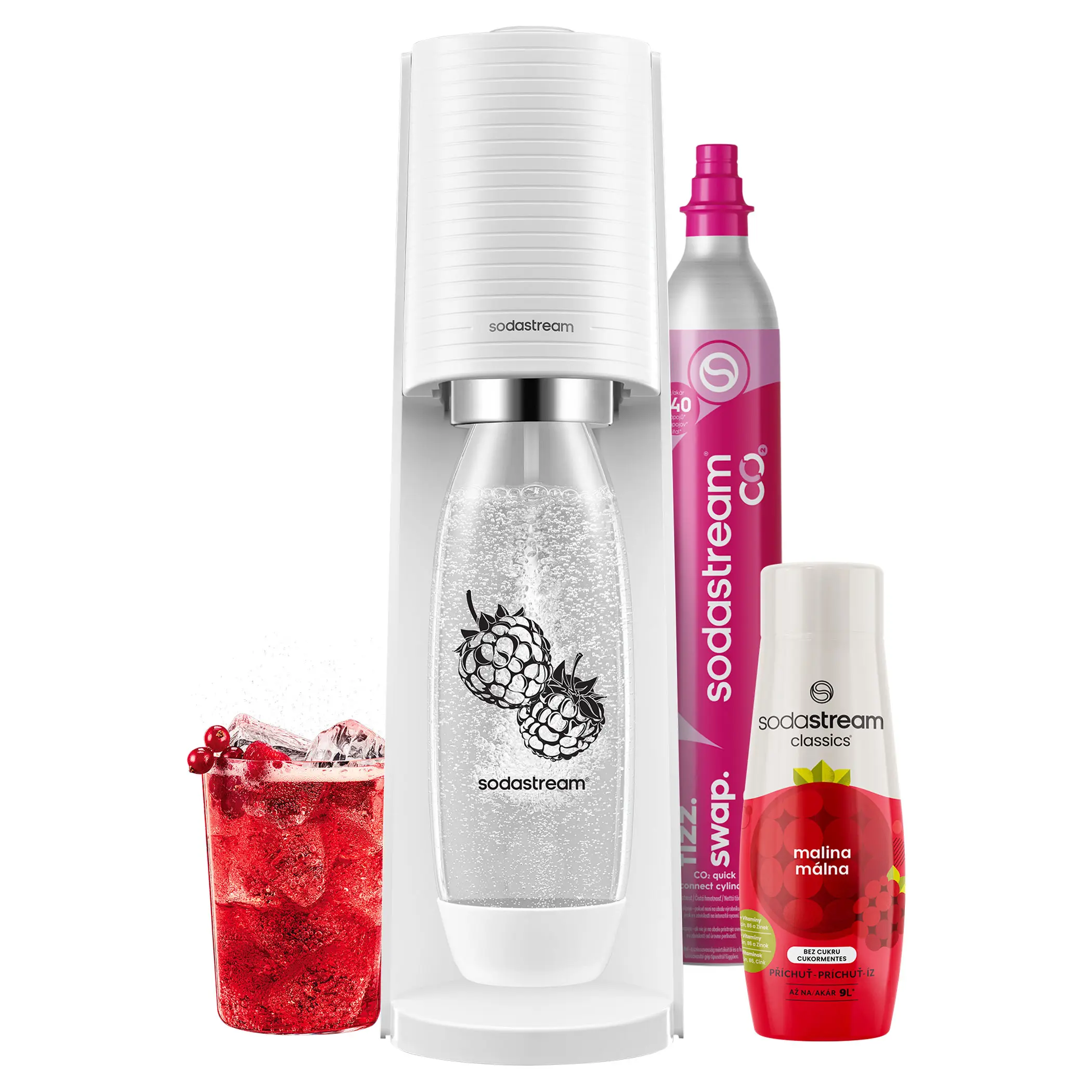 SodaStream TERRA White Malina Zero Megapack TERRA White Malina Zero 1&times;  Výrobník perlivé vody TERRA bílý, 1&times;  Bombička s CO2