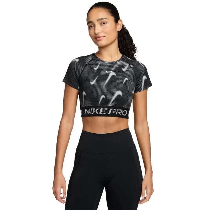 Nike Pro W NP DF SS TOP TT AOP BLACK/WHITE dámské tréninkové tričko