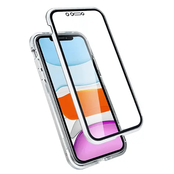 Ochranný kryt s hliníkovým magnetickým rámečkem a ochraným sklem pro Apple iPhone 11 Pro Max - stříbrný