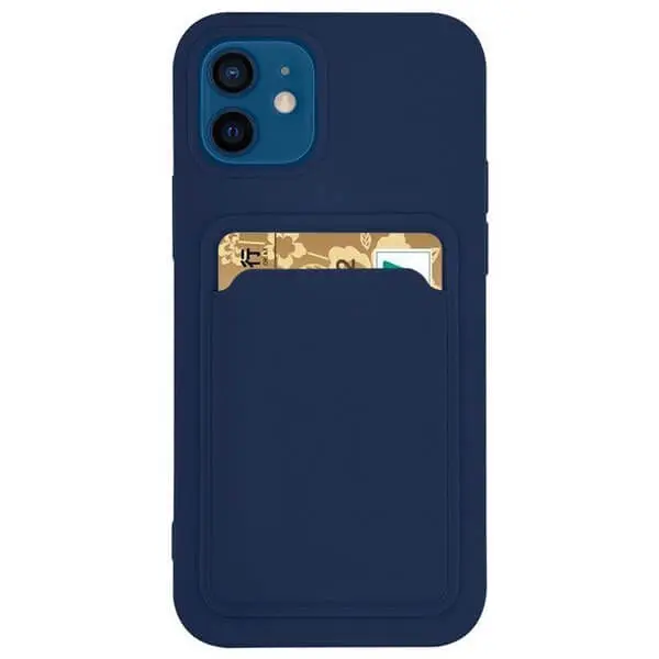 Extrapevný silikonový ochranný kryt s kapsou na kartu pro Apple iPhone 12 Pro - tmavě modrý