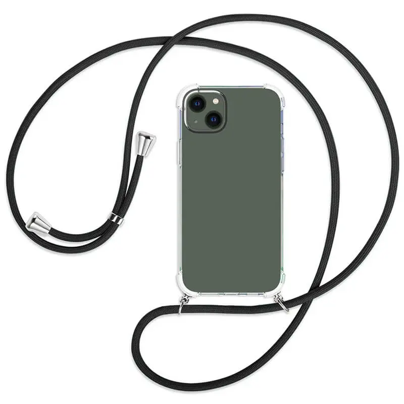 Průhledný silikonový ochranný kryt se šňůrkou na krk pro Apple iPhone 14 - černá