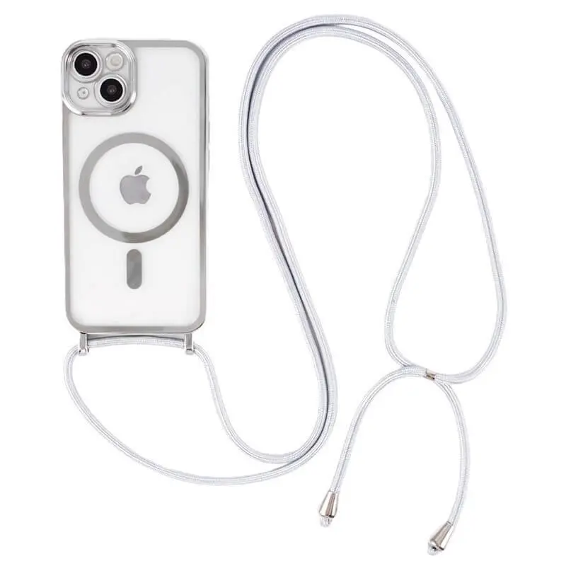 MagSafe silikonový kryt se šňůrkou pro Apple iPhone 14 - stříbrný