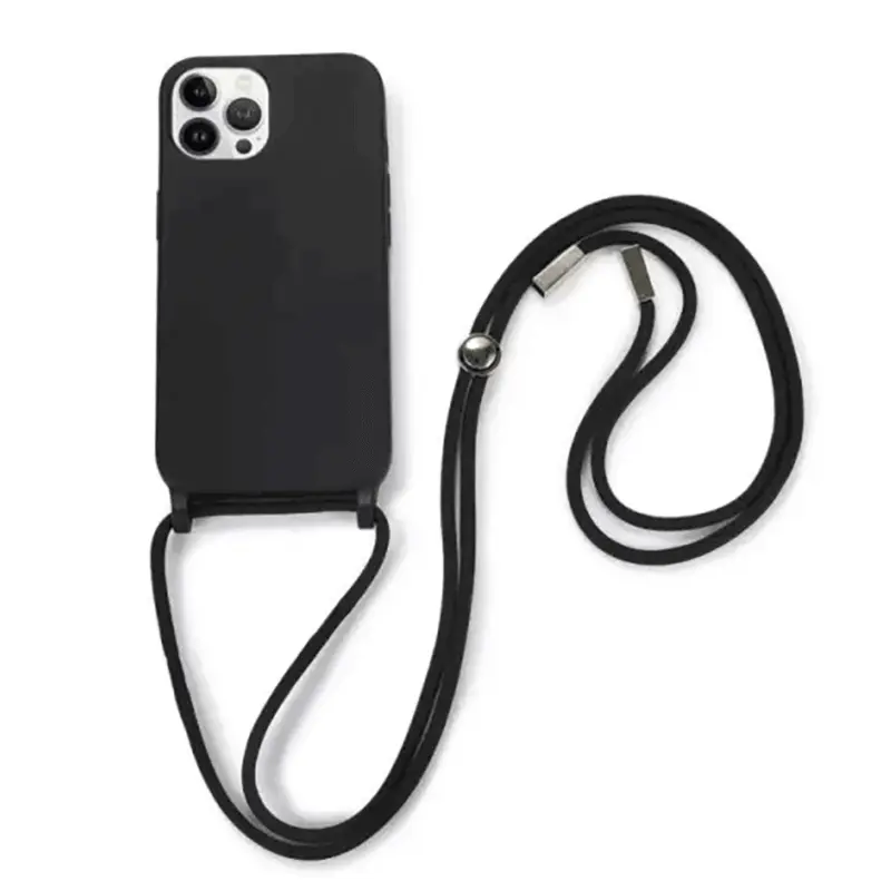 Gumový ochranný kryt se šňůrkou na krk pro Apple iPhone 16 Plus - černý