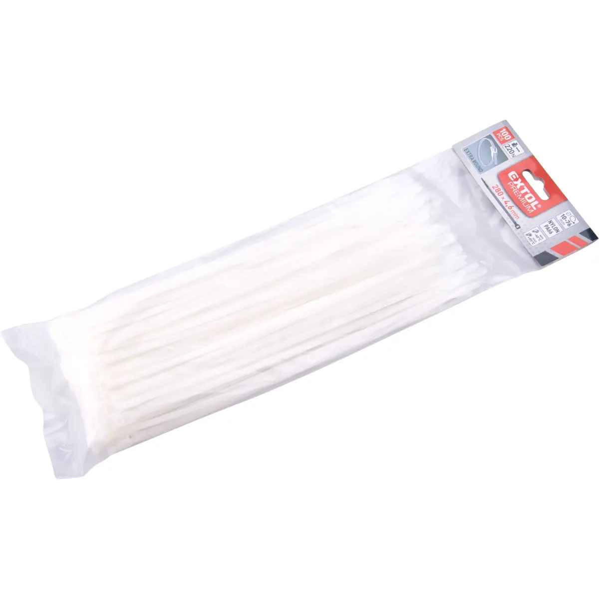 EXTOL PREMIUM Pásky stahovací na kabely EXTRA, bílé, 280x4,6mm, 100ks, nylon PA66 8856224