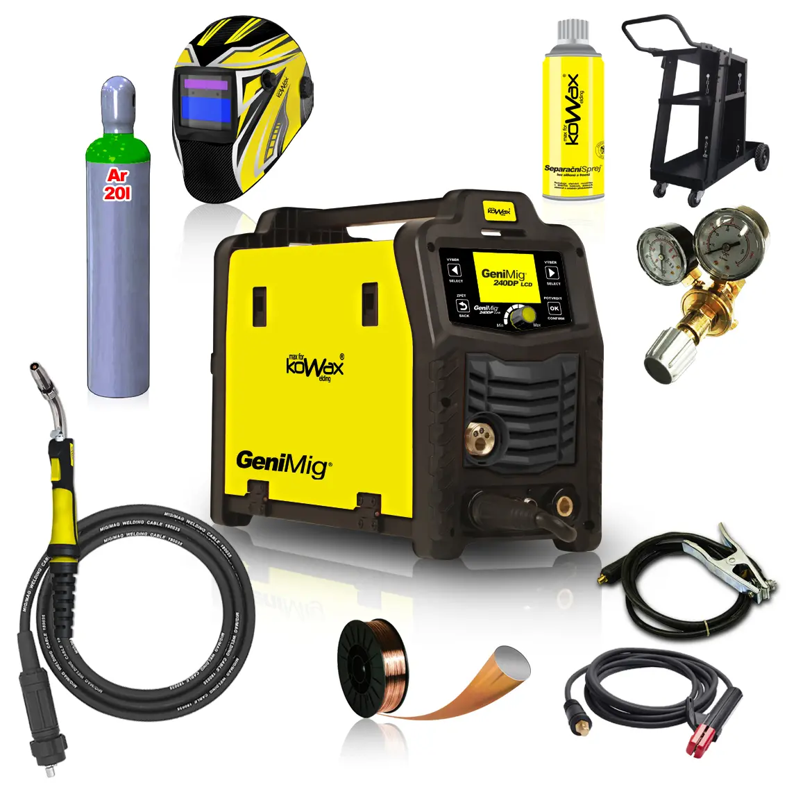 KOWAX GeniMig240DP LCD + Hořák + Kukla + Ventil + Podvozek + plná Argon Láhev + Sprej + 5kg drát + Kabely KWXSTGM240DP_S06A