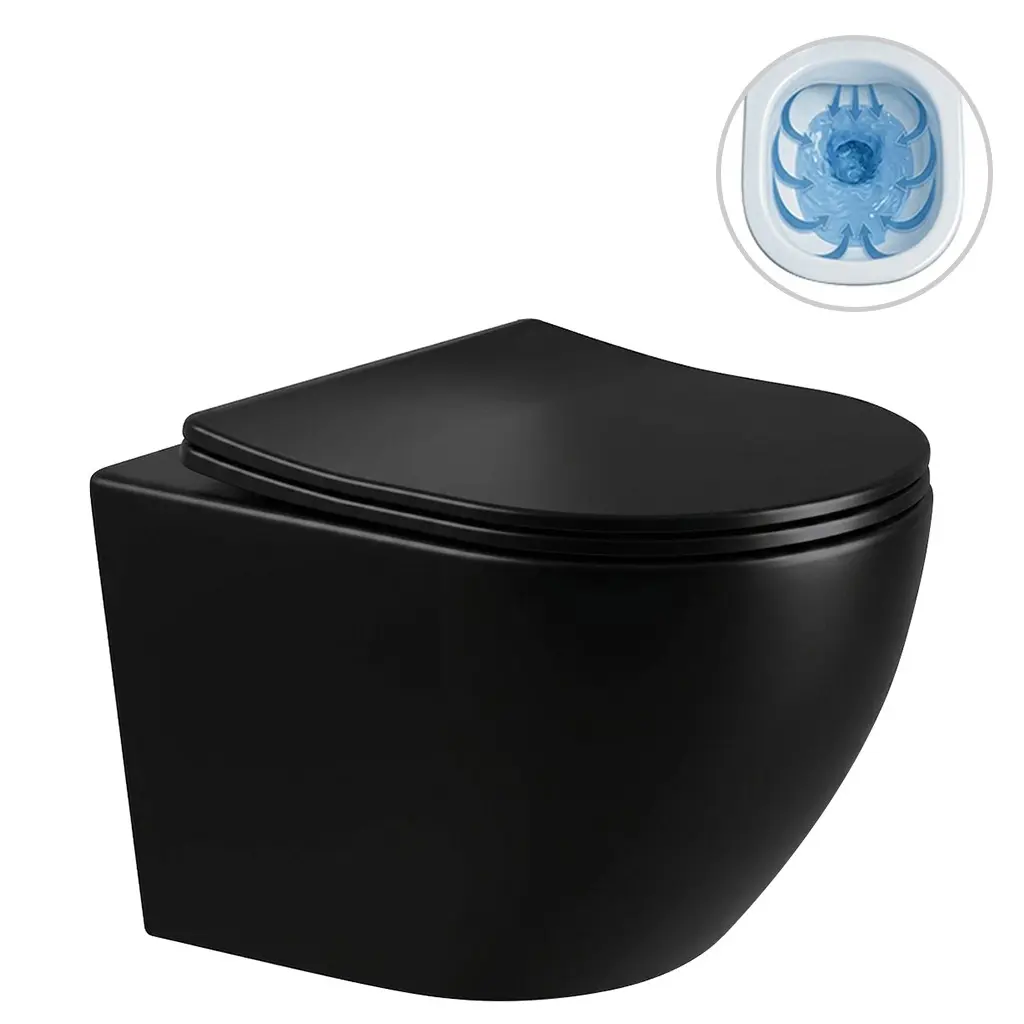 CERANO WC závěsné Cesso, Rimless bezokrajové splachování + Slim/SoftClose sedátko černá lesklá 49x36 CER-417347