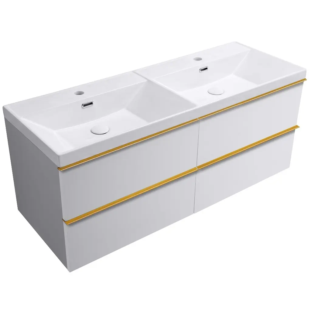 CERANO Koupelnová skříňka Velora bílá matná, úchytka zlatá + keramické dvojumyvadlo Viano bílá lesklá 121,5x58x46,5 CER-447415