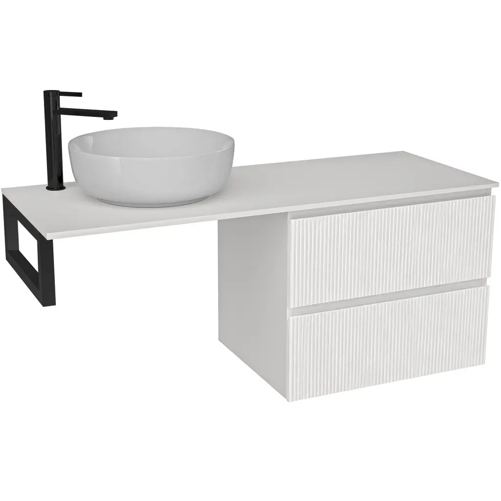 CERANO Koupelnová skříňka Carole bílá matná rýhovaná + deska z lit. mramoru Elanys 12 mm + konzole černá 160x49,2x46  CER-451347