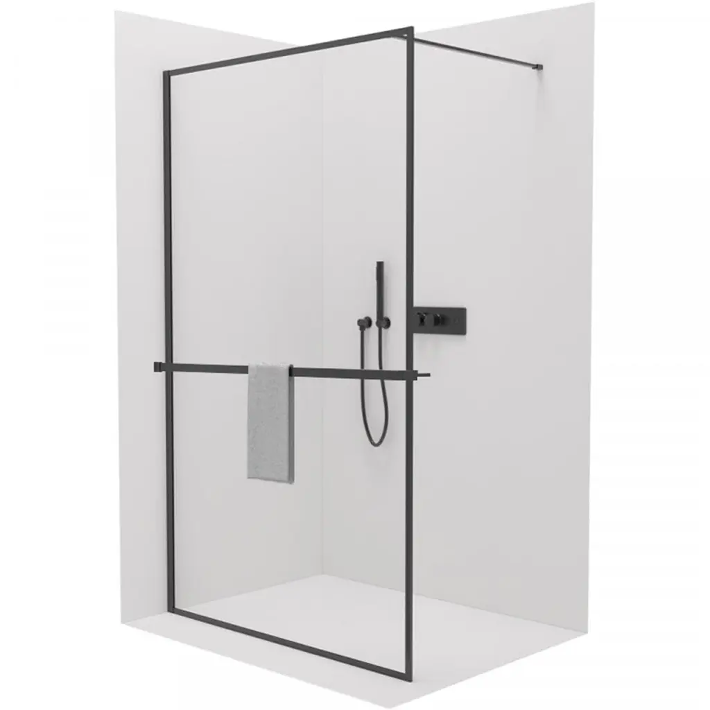 Sprchová zástěna Walk-in Moreli L/P + polička/držák na ručníky - černá matná, transparentní sklo - 80x200 cm