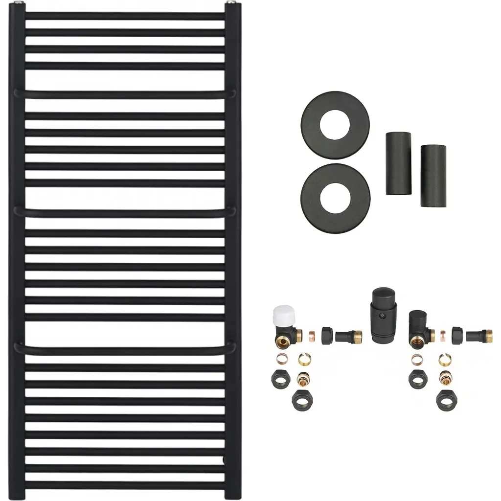 Koupelnový radiátorový set Antonio - ústřední vytápění - boční připojení - 655W - černá matná - 1180x550 mm mm
