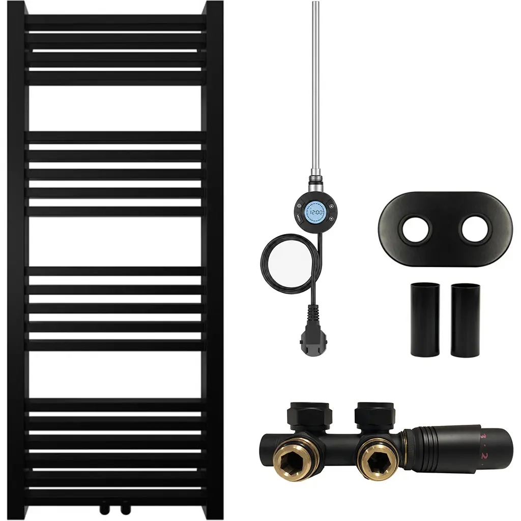 Koupelnový radiátorový set Franko - kombinované výtápění, wifi tyč - středové připojení 50 mm - 300W - černá matná - 1200x500 mm