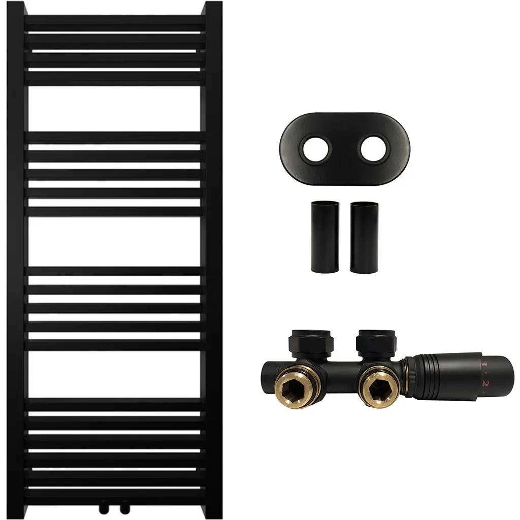 Koupelnový radiátorový set Franko - ústřední vytápění - středové připojení 50 mm - 392W - černá matná - 1200x500 mm