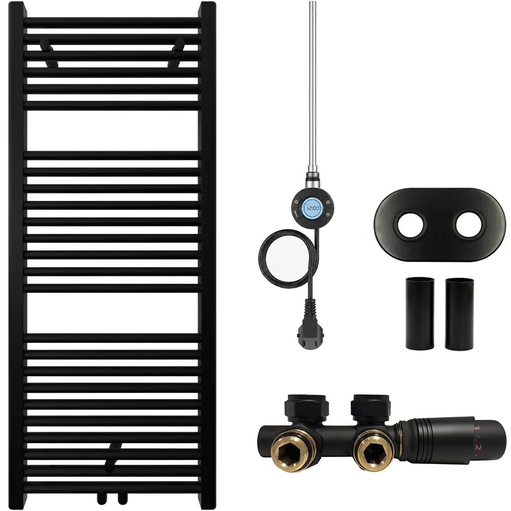 Koupelnový radiátorový set Lincoln - kombinované výtápění, wifi tyč - středové připojení 50 mm - 300W - černá matná - 1200x500 mm