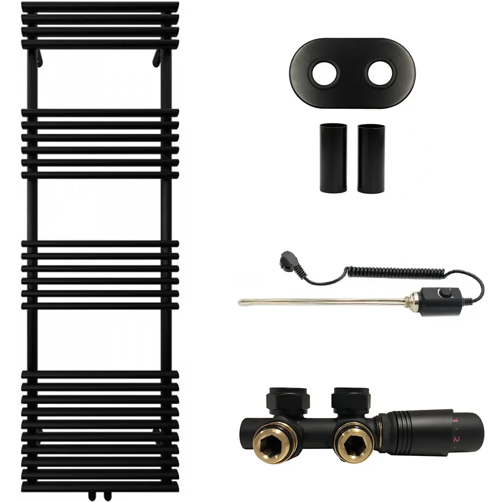 Koupelnový radiátorový set Luigi - kombinované výtápění, termo tyč - středové připojení 50 mm - 600W - černá matná - 1600x500 mm