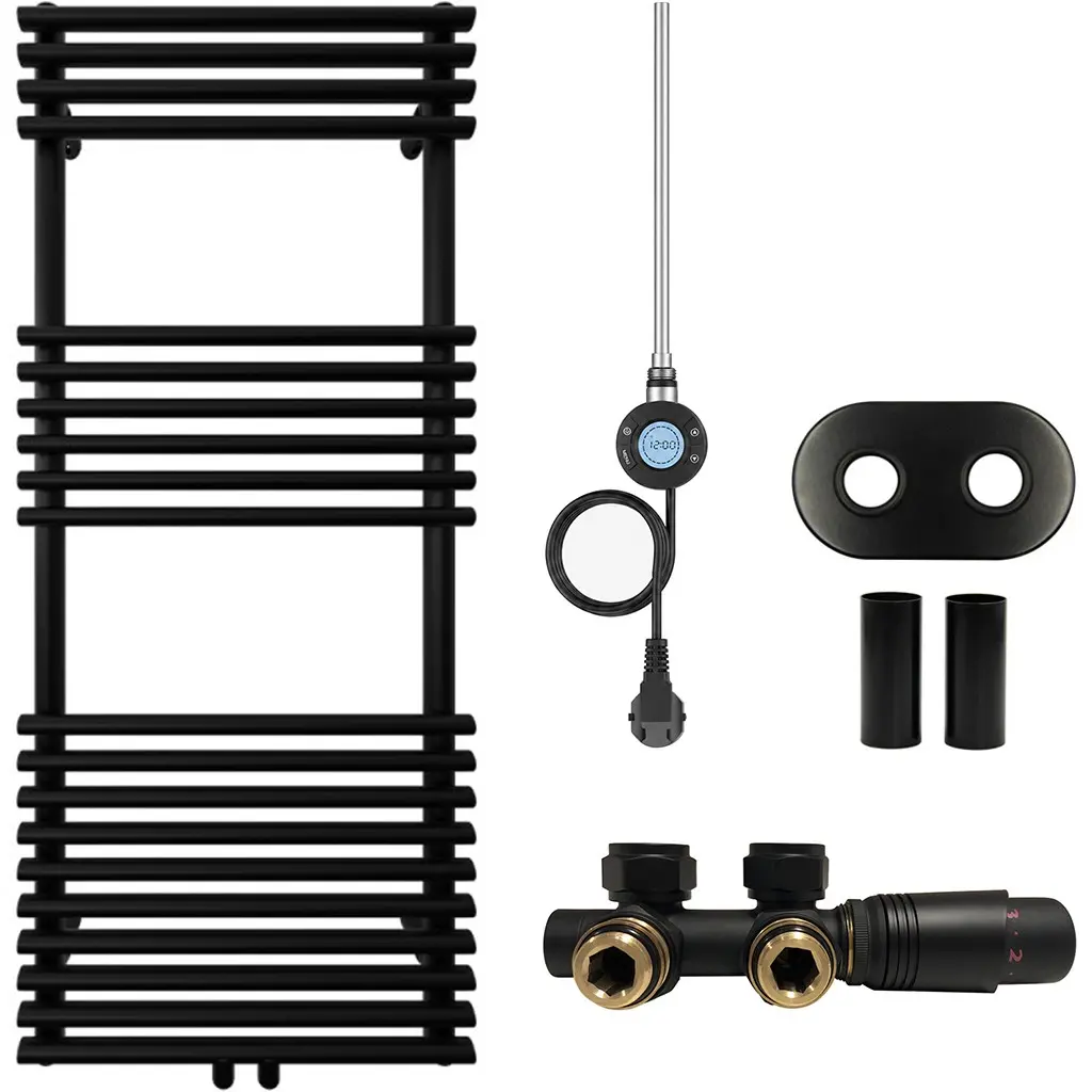 Koupelnový radiátorový set Luigi - kombinované výtápění, wifi tyč - středové připojení 50 mm - 300W - černá matná - 1200x500 mm