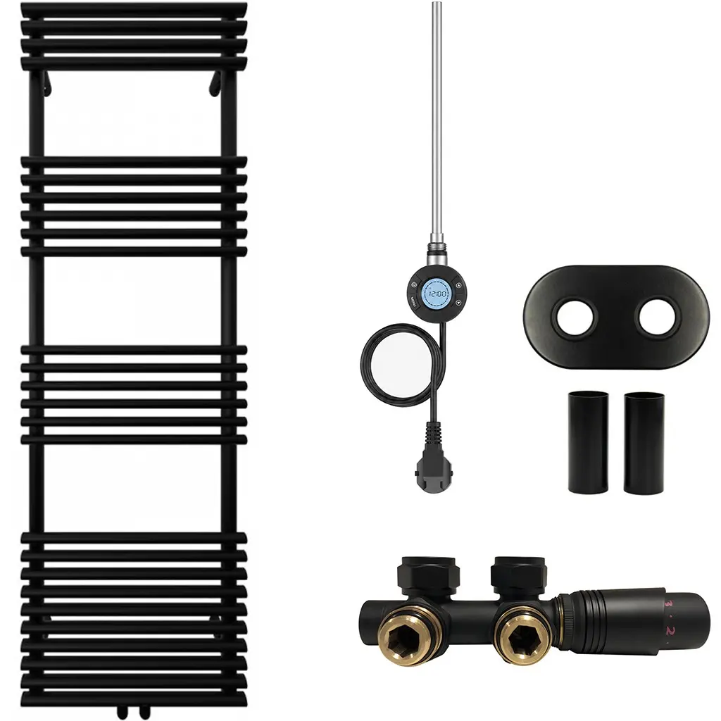 Koupelnový radiátorový set Luigi - kombinované výtápění, wifi tyč - středové připojení 50 mm - 600W - černá matná - 1600x500 mm