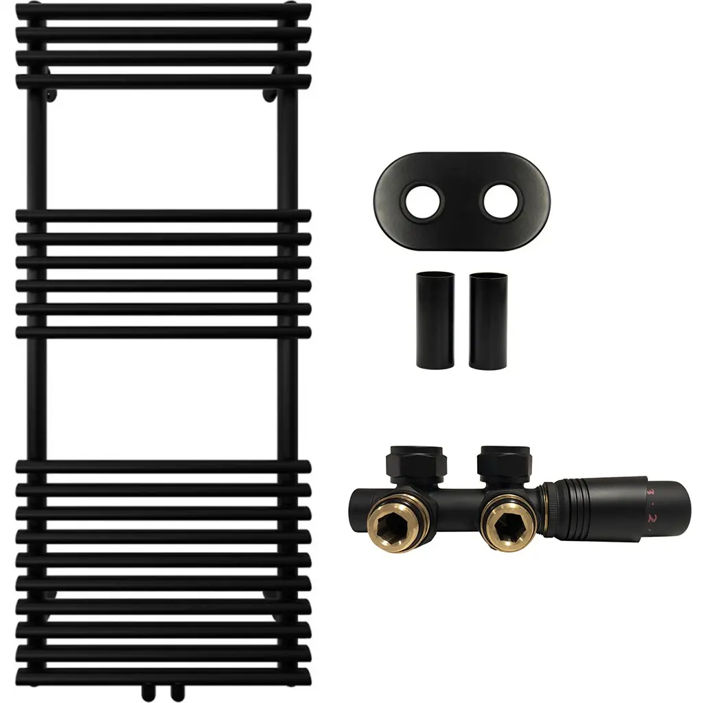 Koupelnový radiátorový set Luigi - ústřední vytápění - středové připojení 50 mm - 545W - černá matná - 1200x500 mm