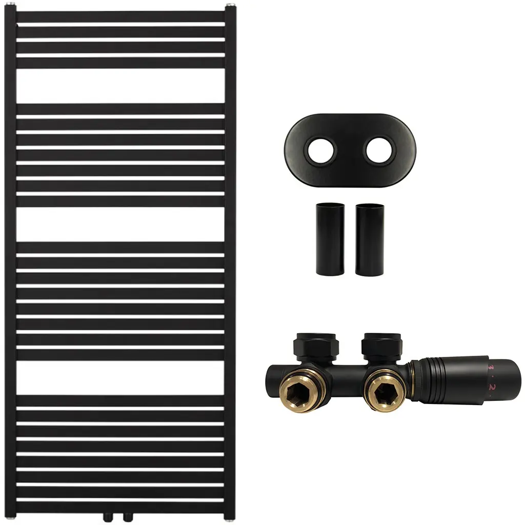 Koupelnový radiátorový set Vincenzo - ústřední vytápění - středové připojení 50 mm - 600W - černá matná - 1340x600 mm