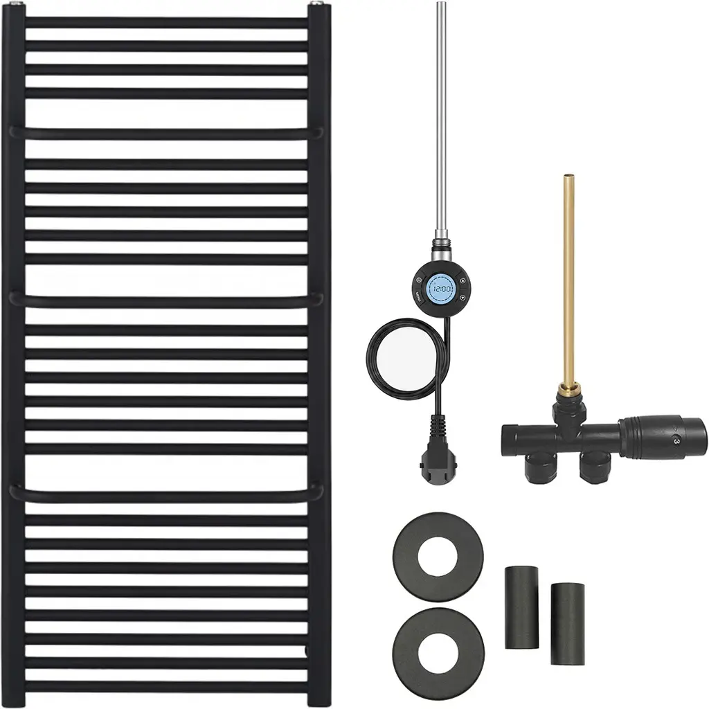 Koupelnový radiátorový set Antonio - kombinované vytápění, wifi tyč - boční jednobodové připojení - 600W - černá matná - 1460x550 mm