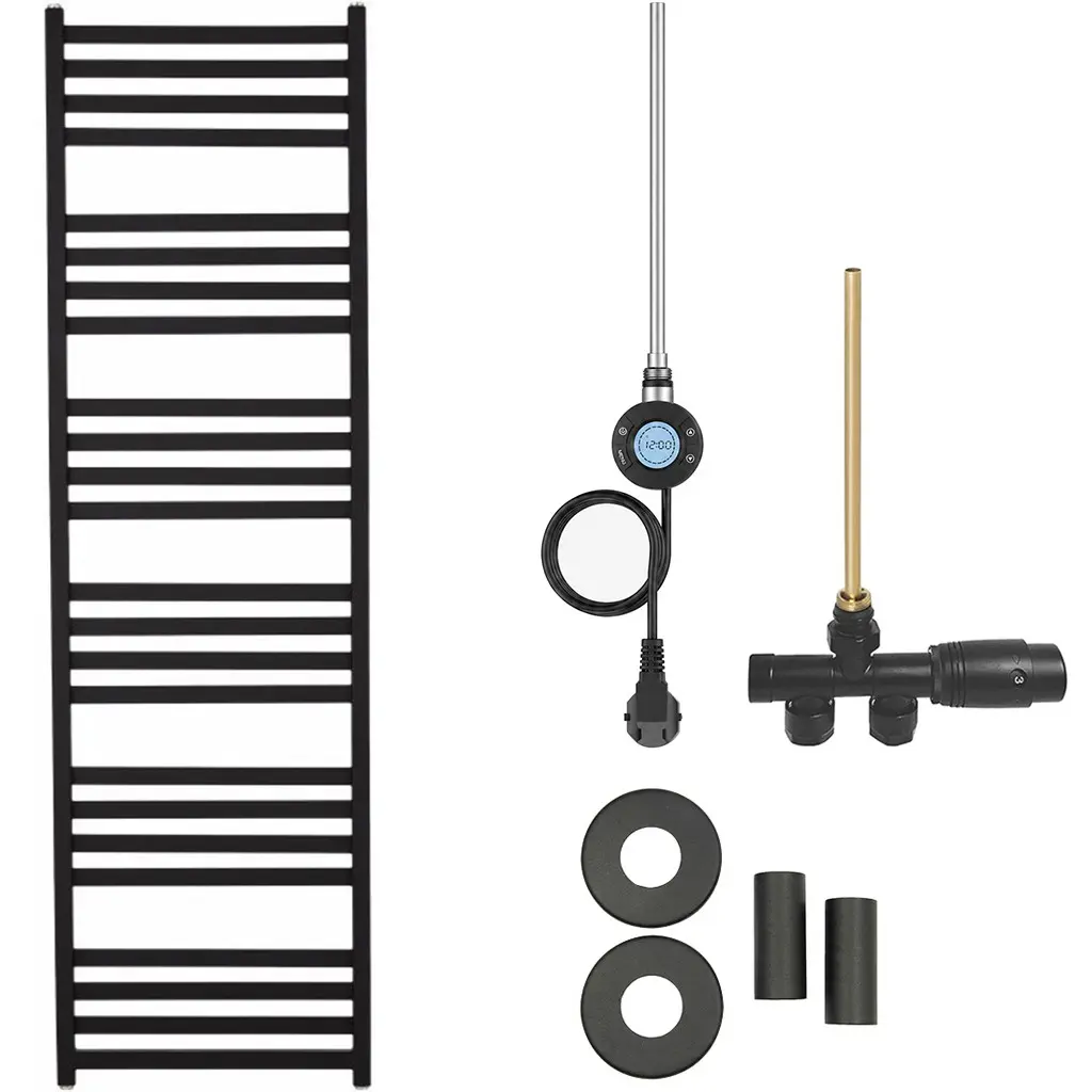 Koupelnový radiátorový set Fulgidus - kombinované vytápění, wifi tyč - boční jednobodové připojení - 600W - černá matná - 1800x530 mm