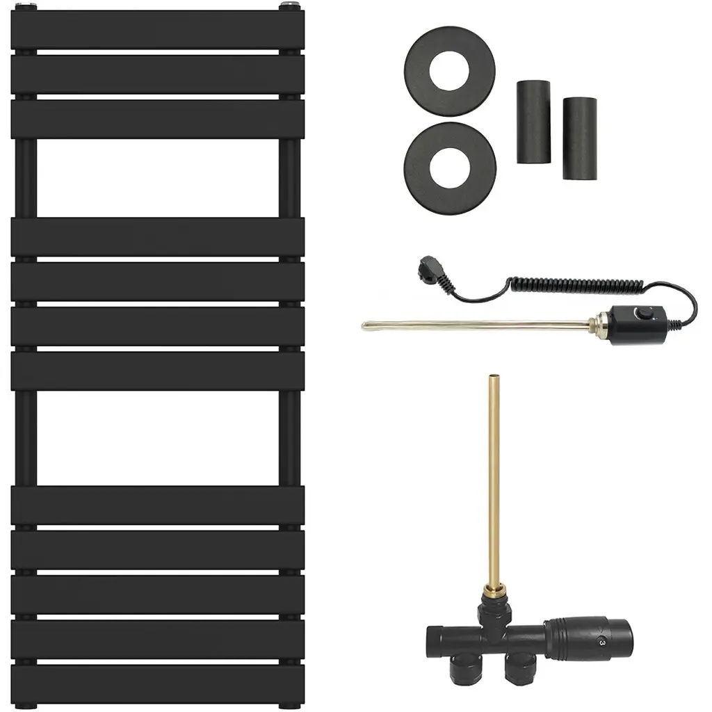 Koupelnový radiátorový set Claude - kombinované vytápění, termo tyč - boční jednobodové připojení - 600W - černá matná - 1200x500 mm