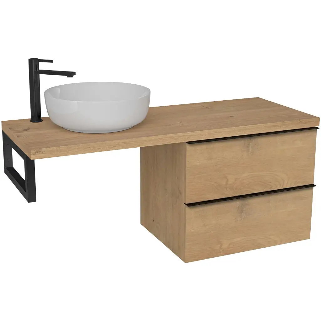CERANO Koupelnová skříňka Velora dub medový, úchytka černá + deska pod umyvadlo Navira Pro 36 mm + konzole černá 160x56,6x46,5 CER-667973