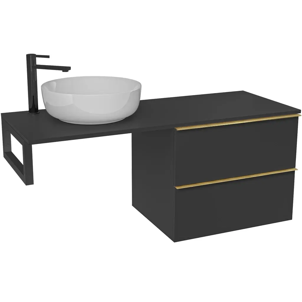 CERANO Koupelnová skříňka Velora černá matná, úchytka zlatá + deska pod umyvadlo Navira Slim 18 mm + konzole černá 120x54,8x46,5 CER-668024