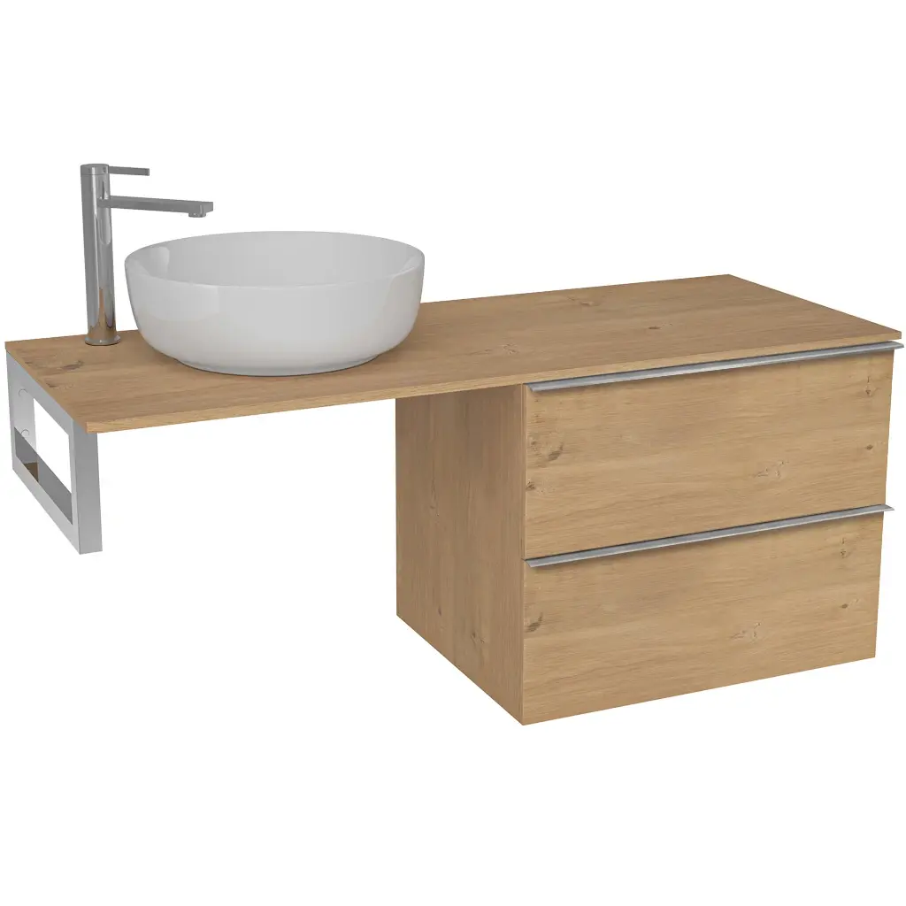CERANO Koupelnová skříňka Velora dub medový, úchytka chrom + deska pod umyvadlo Navira Slim 18 mm + konzole chrom 140x54,8x46,5 CER-668093