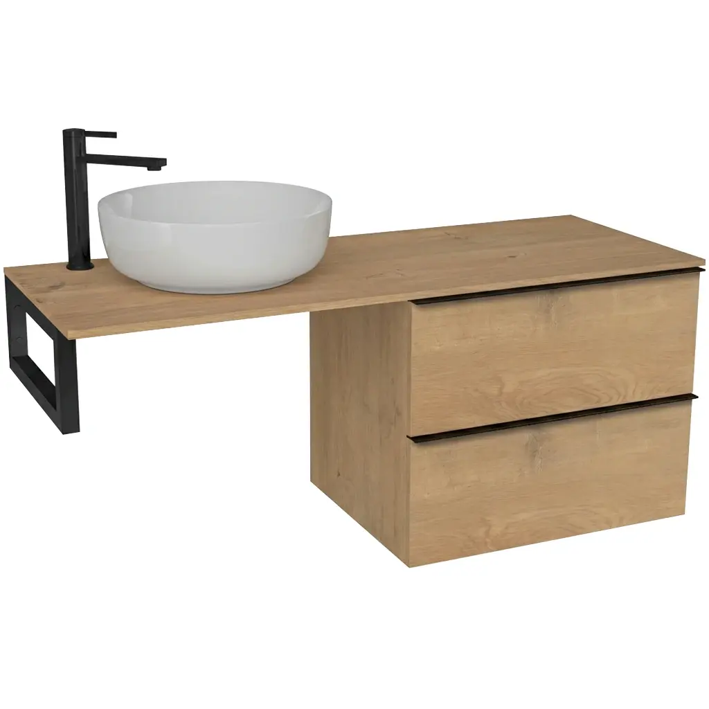 CERANO Koupelnová skříňka Velora dub medový, úchytka černá + deska pod umyvadlo Navira Slim 18 mm + konzole černá 160x54,8x46,5 CER-668138