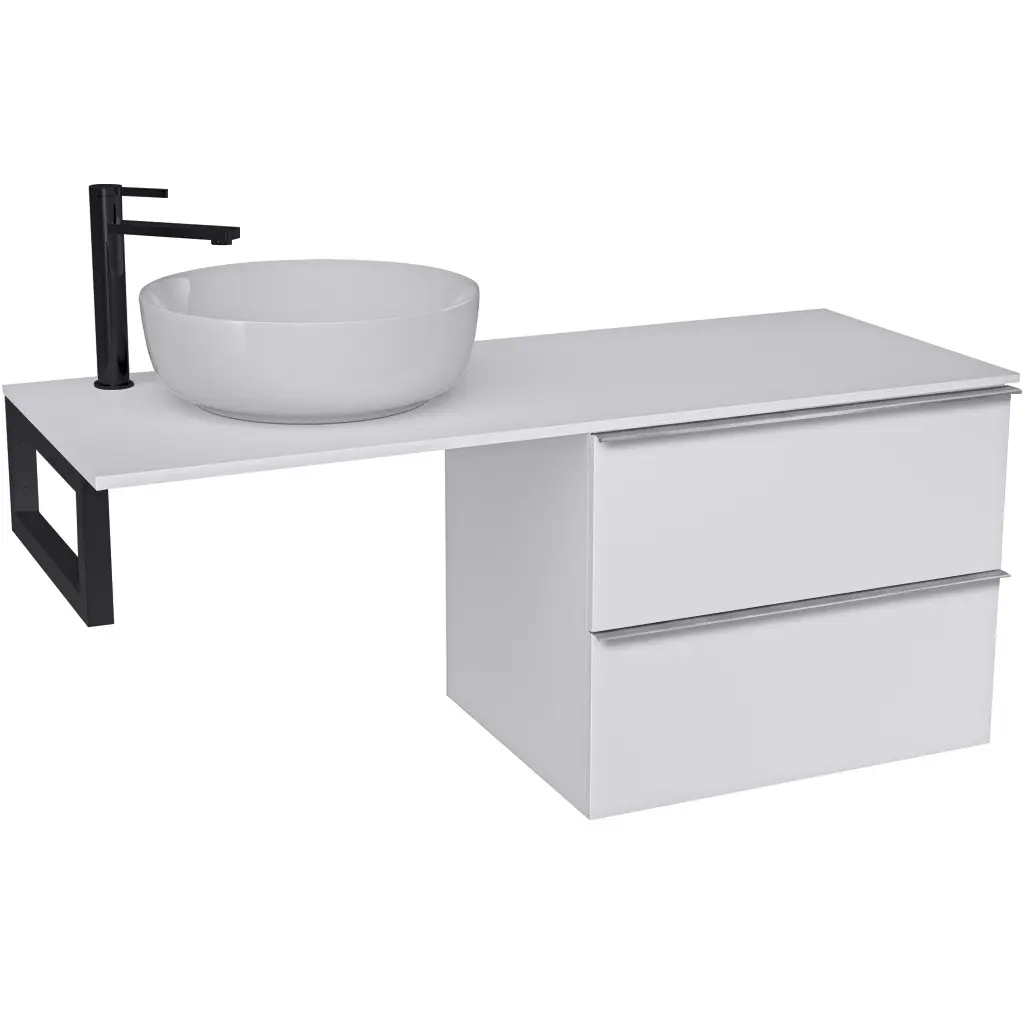 CERANO Koupelnová skříňka Velora bílá matná, úchytka chrom + deska pod umyvadlo z lit. mramoru Elanys 12 mm + konzole černá 140x54,2x46,5 CER-679370