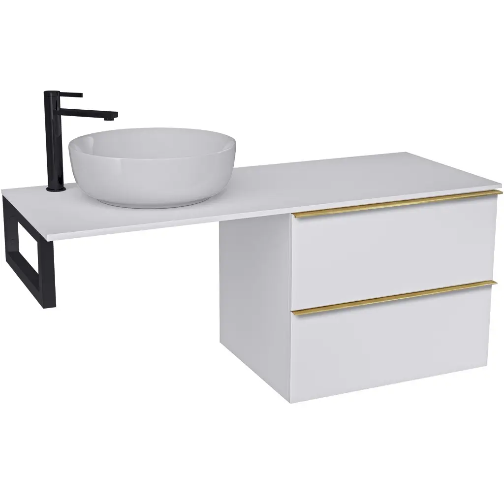 CERANO Koupelnová skříňka Velora bílá matná, úchytka zlatá + deska z lit. mramoru Elanys 12 mm + konzole černá 160x54,2x46,5 CER-679390