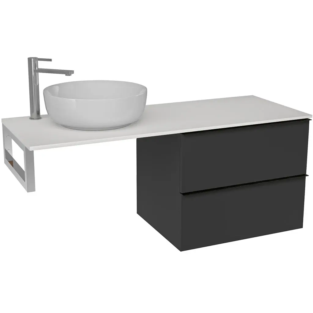 CERANO Koupelnová skříňka Velora černá matná, úchytka černá + deska z lit. mramoru Elanys 12 mm + konzole chrom 160x54,2x46,5 CER-679393