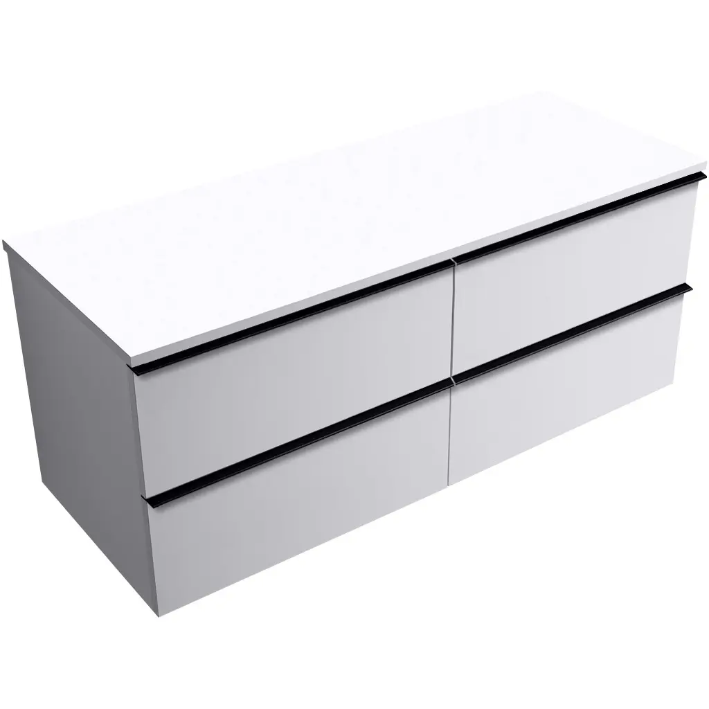 CERANO Koupelnová skříňka Velora bílá matná, úchytka černá + deska z lit. mramoru Elanys 12 mm bílá matná 140x54,2x46,5  CER-679405
