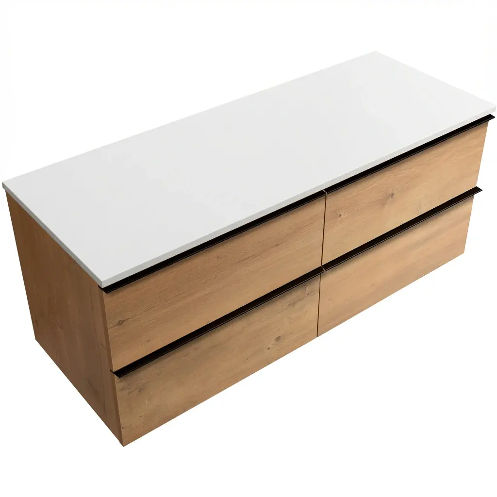 CERANO Koupelnová skříňka Velora dub medový, úchytka černá + deska z lit. mramoru Elanys 12 mm bílá matná 160x54,2x46,5  CER-679448
