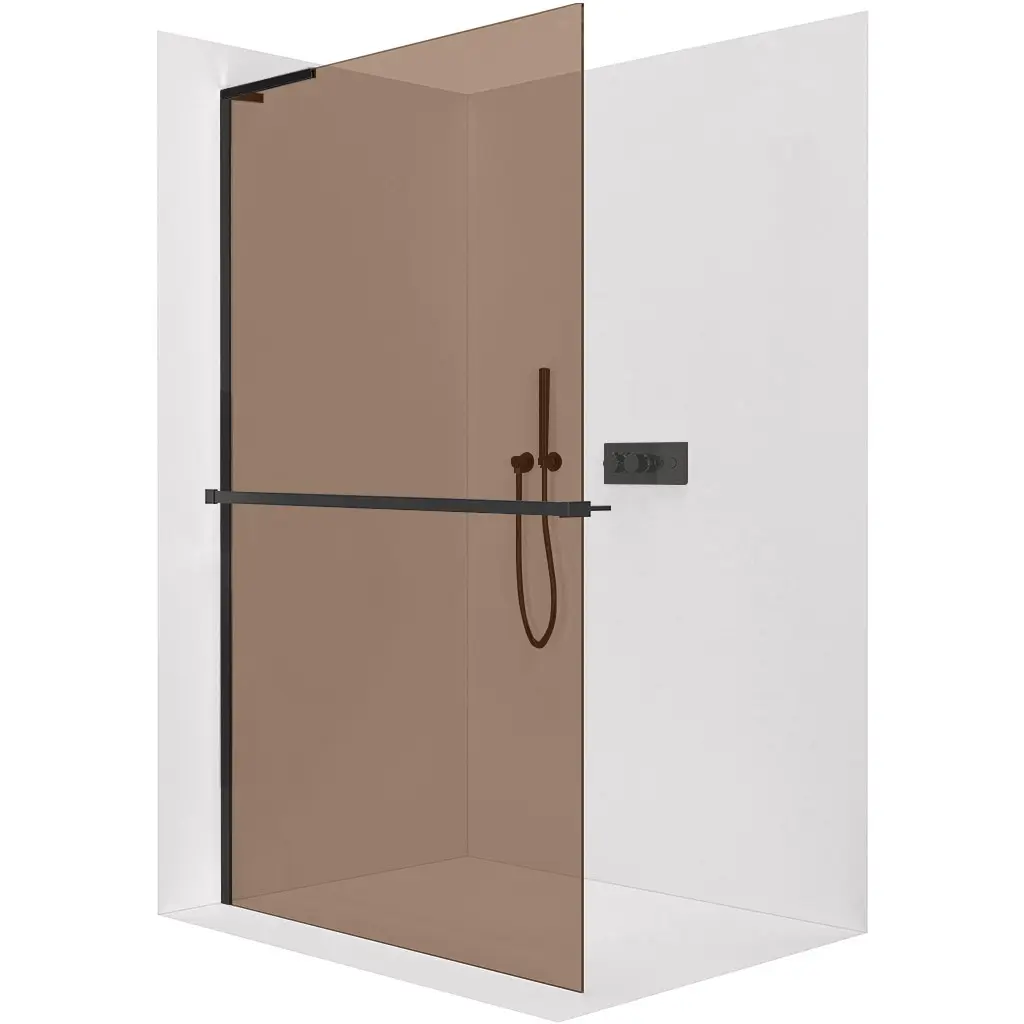 Sprchová zástěna Walk-in Onyx L-levá vzpěra - 8 mm + polička/držák na ručníky - černá matná, bronzové sklo - 130x200 cm