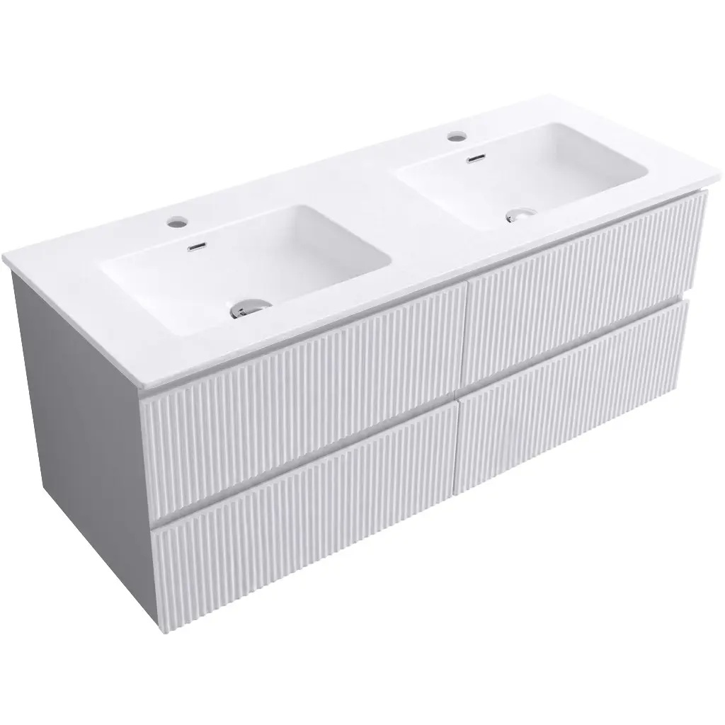 CERANO Koupelnová skříňka Carole bílá matná rýhovaná + keramické dvojumyvadlo Novo bílá lesklá 121x49,5x46,5 CER-720317